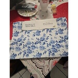 BADGLEY MISCHKA HOME PLACEMATS WHITE BLUE FLOWERS 13 X 19 100% COTTON NWT